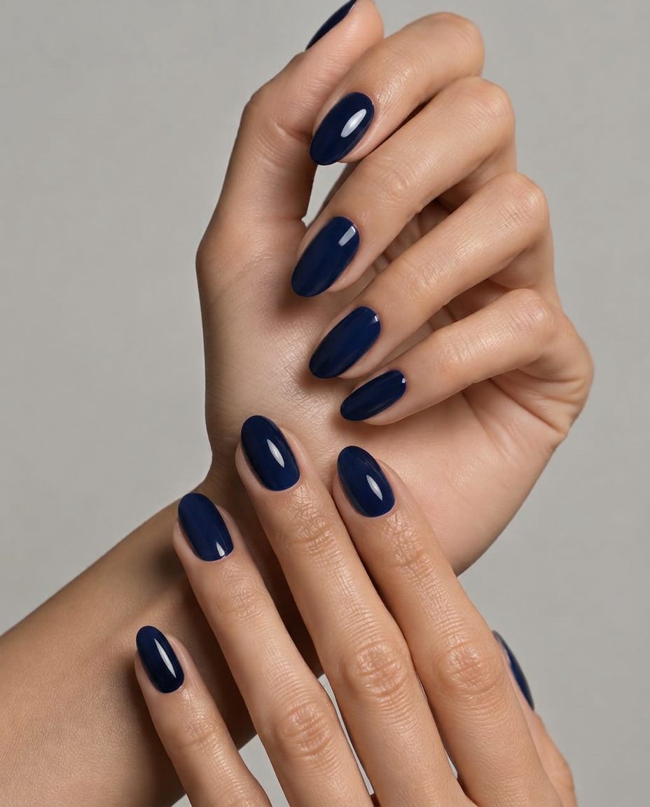 Close-up of overlapping hands showing glossy midnight navy almond-shaped nails